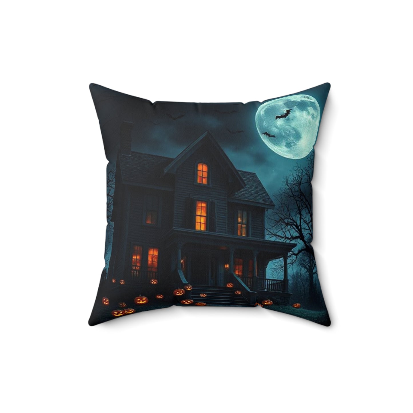Halloween Themed Spun Polyester Square Pillow | Cozy Autumn Decor, Spooky Home Accent, Fall Cushion, Haunted House Design, Halloween Gift