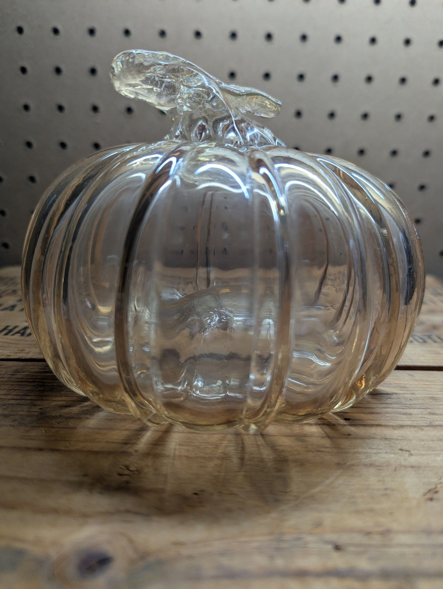 Light Amber 5" Glass Pumpkin with Leaf