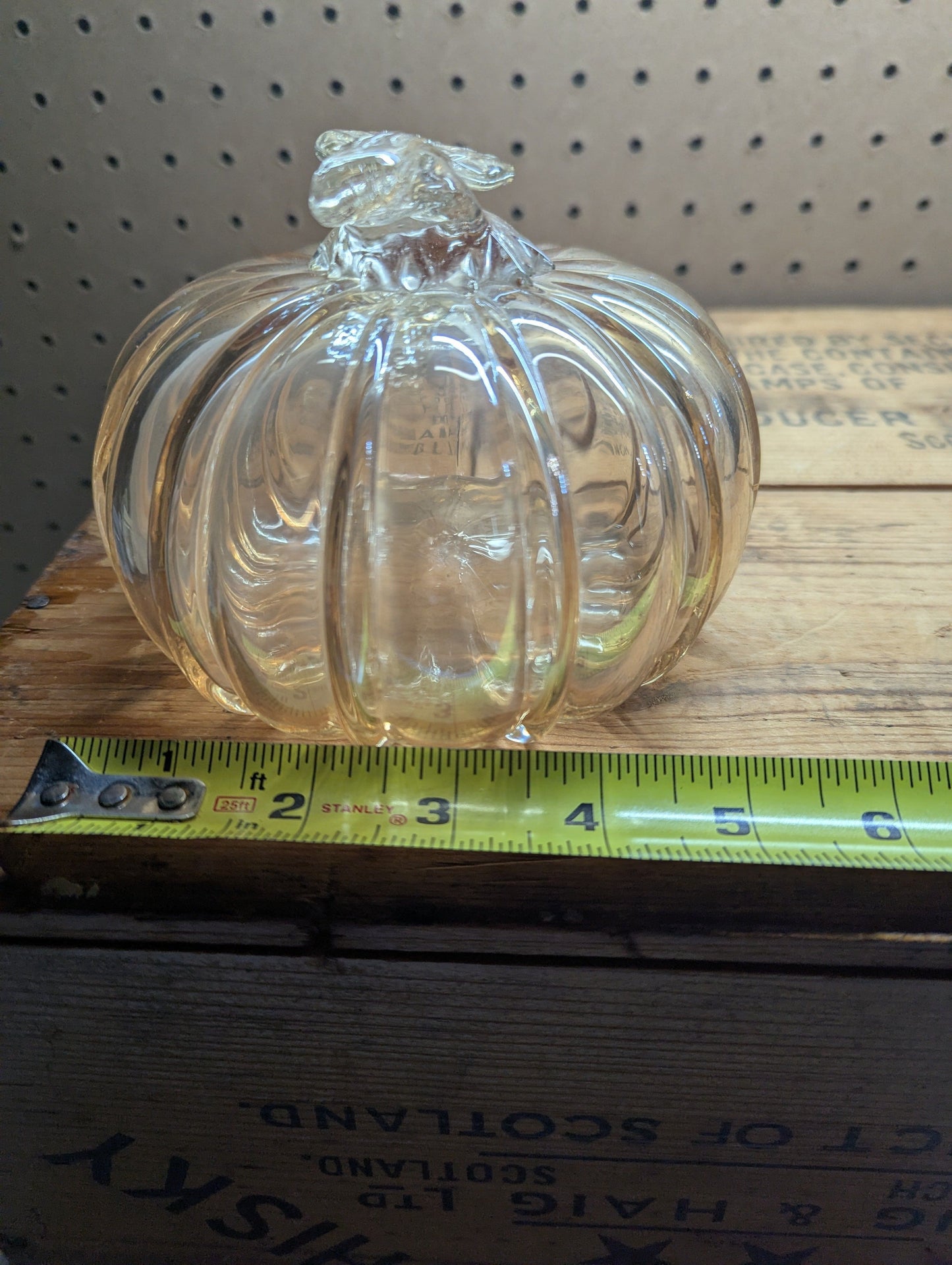 Light Amber 5" Glass Pumpkin with Leaf