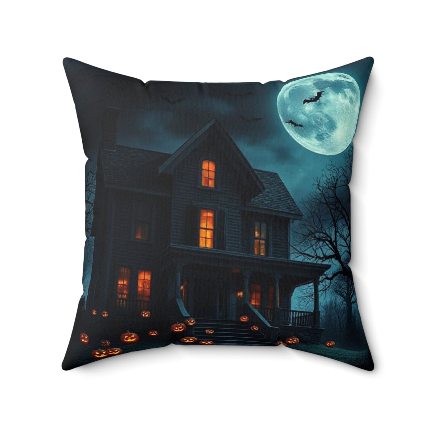Halloween Themed Spun Polyester Square Pillow | Cozy Autumn Decor, Spooky Home Accent, Fall Cushion, Haunted House Design, Halloween Gift