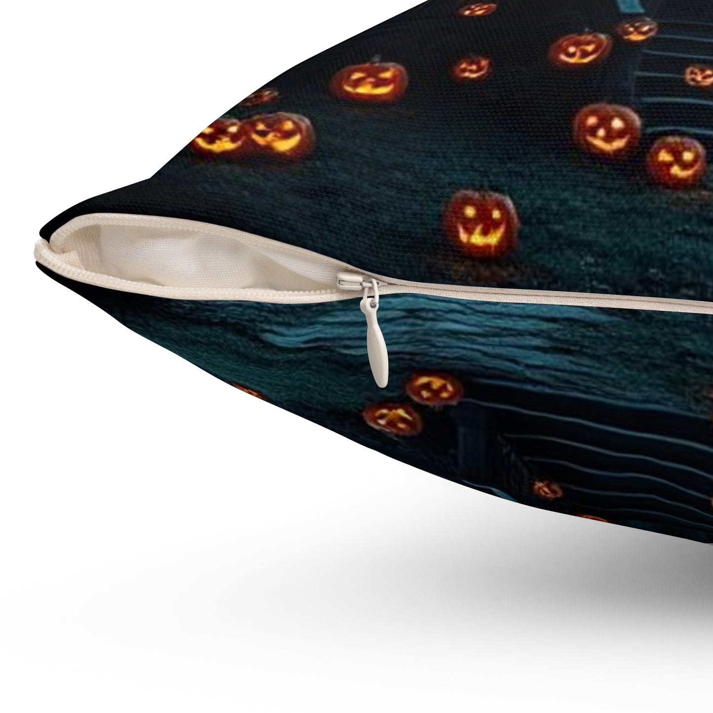 Halloween Themed Spun Polyester Square Pillow | Cozy Autumn Decor, Spooky Home Accent, Fall Cushion, Haunted House Design, Halloween Gift