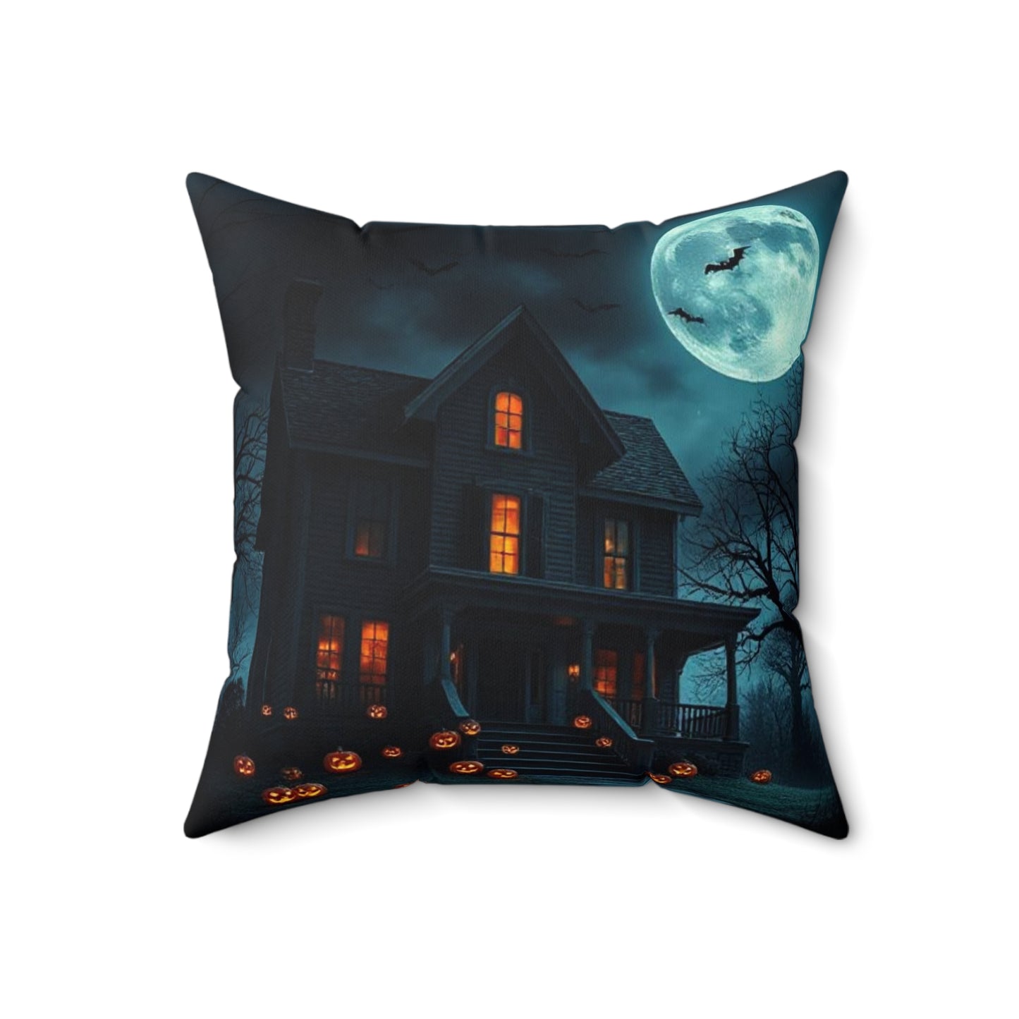 Halloween Themed Spun Polyester Square Pillow | Cozy Autumn Decor, Spooky Home Accent, Fall Cushion, Haunted House Design, Halloween Gift