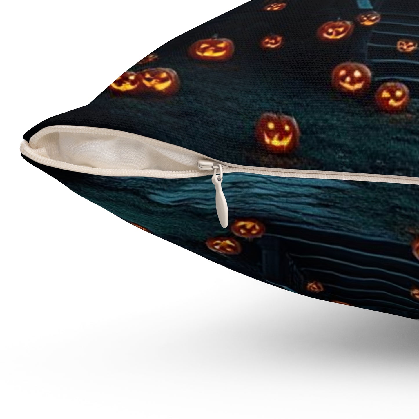 Halloween Themed Spun Polyester Square Pillow | Cozy Autumn Decor, Spooky Home Accent, Fall Cushion, Haunted House Design, Halloween Gift