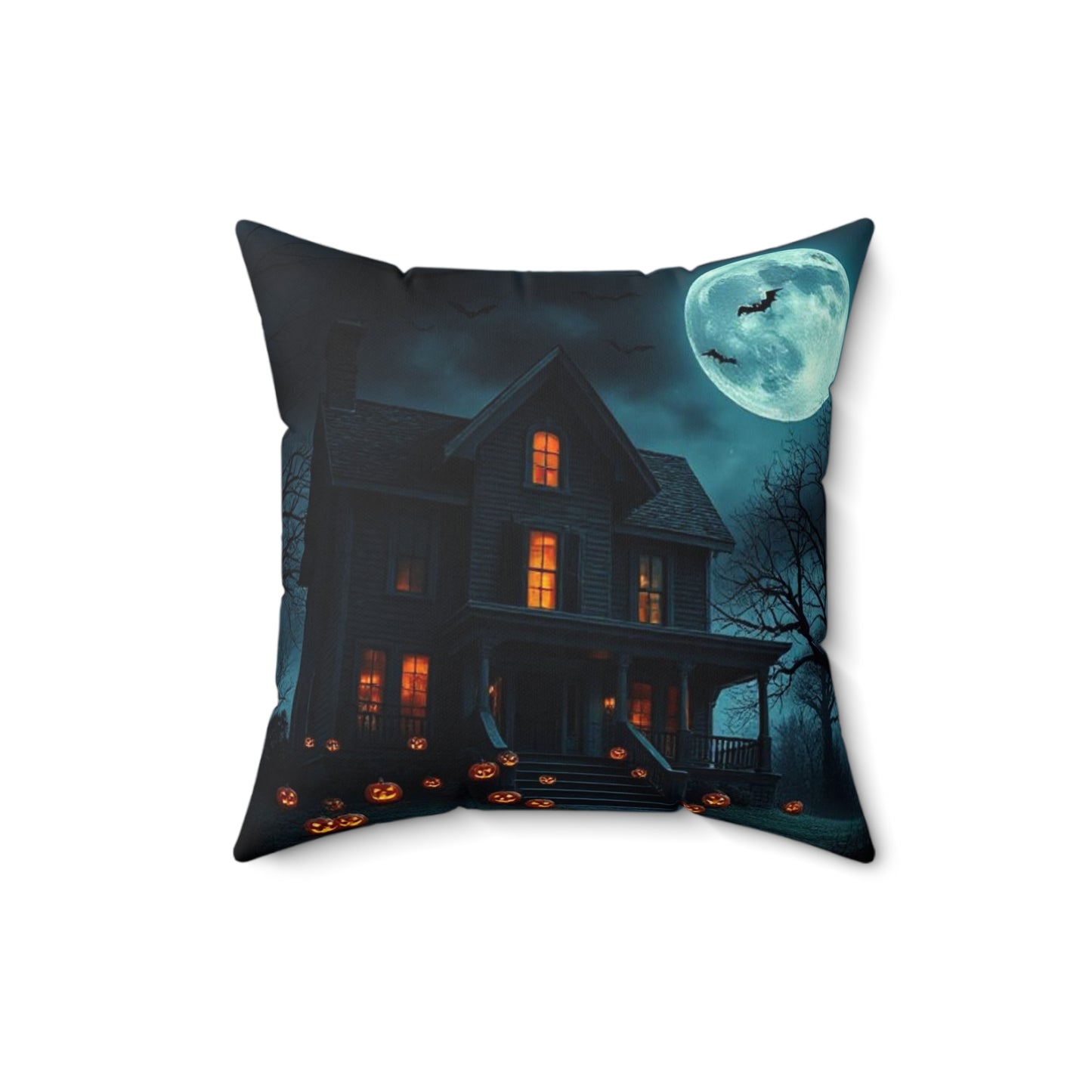 Halloween Themed Spun Polyester Square Pillow | Cozy Autumn Decor, Spooky Home Accent, Fall Cushion, Haunted House Design, Halloween Gift