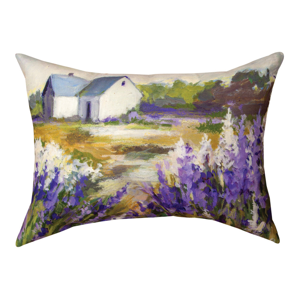 Meadowbrook White Barn Purple Flowers Climaweave Pillow 18"x13" Indoor/Outdoor