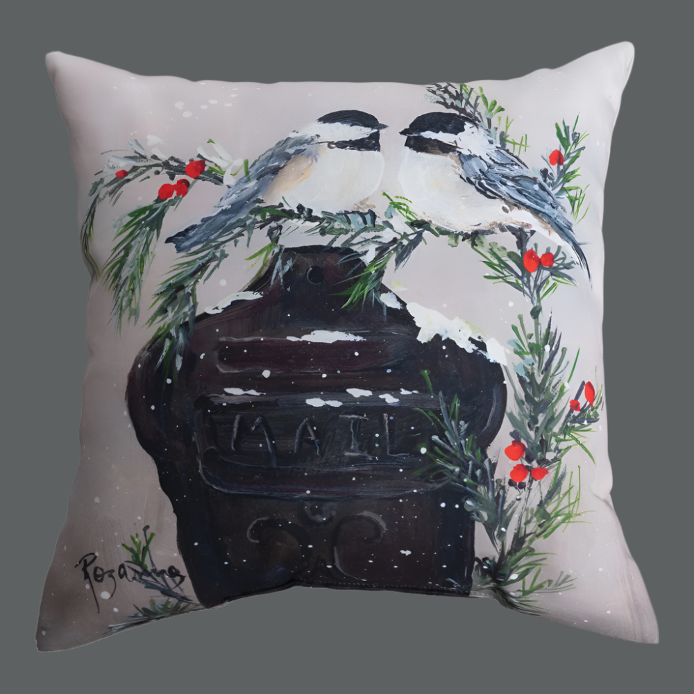 Chickadee's On Mailbox Climaweave Pillow 18" x 18"