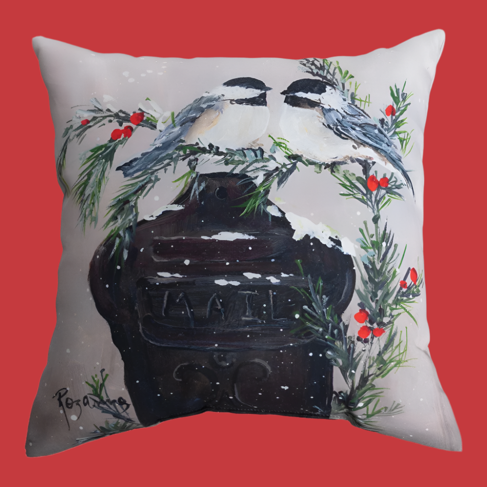 Chickadee's On Mailbox Climaweave Pillow 18" x 18"