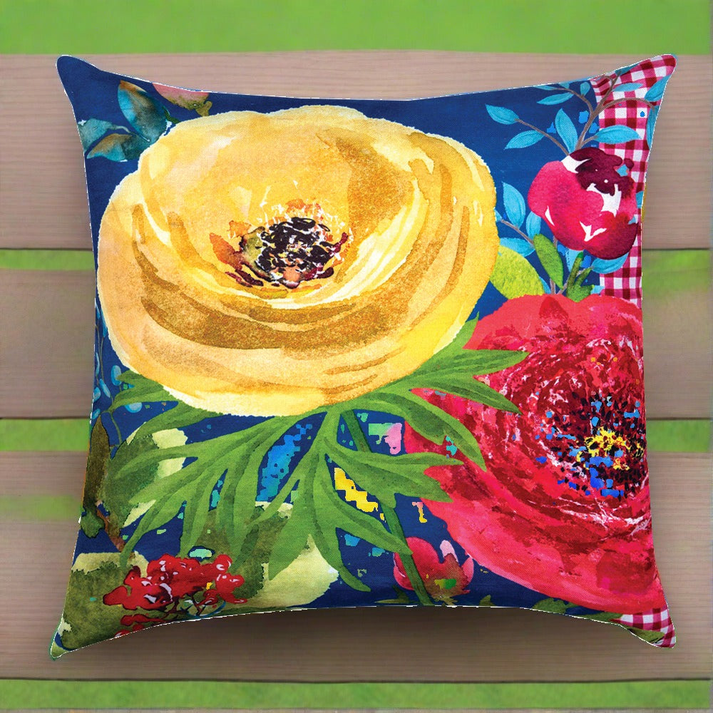 Rooster Bouquet Floral Climaweave Pillow 18" Indoor/Outdoor