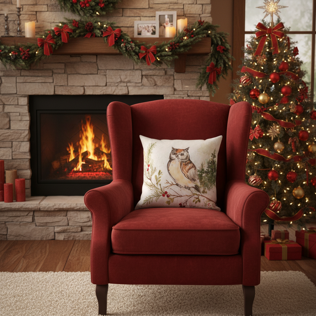 Snowy Forest Owl & Cardinal Climaweave Pillow 18" Indoor/Outdoor