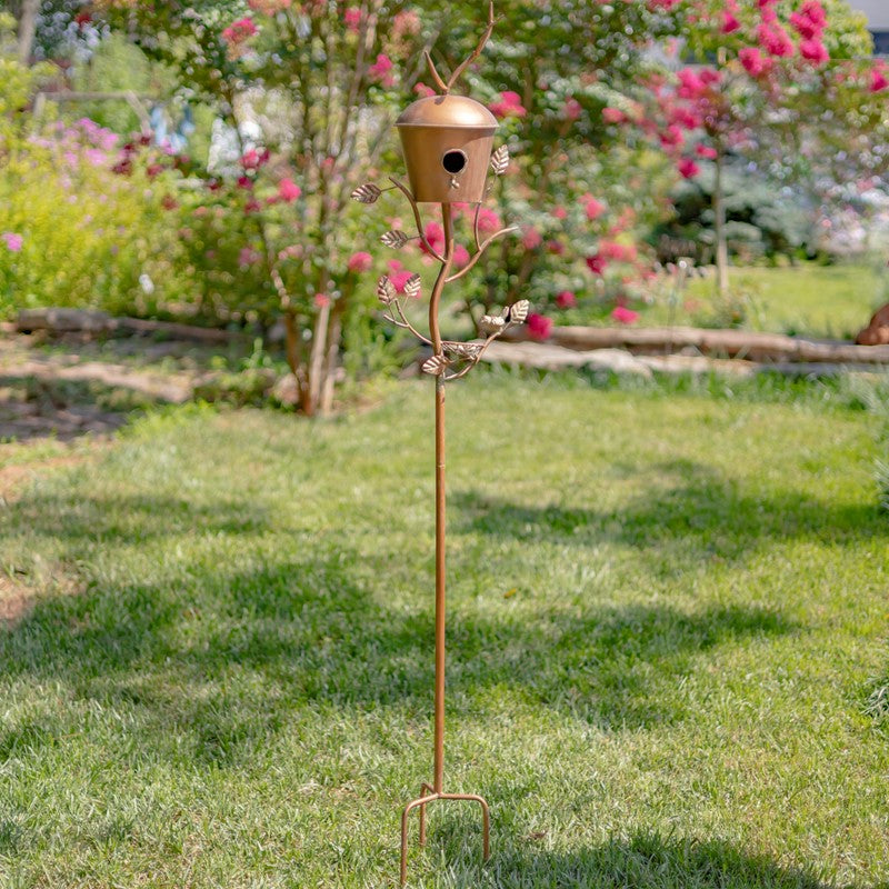 Antique Copper Finished Iron Birdhouse Stake with Dome Roof