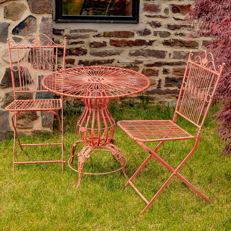 Three Piece Metal Bistro Set with Two Folding Chairs & One Round Table in Antique Pink