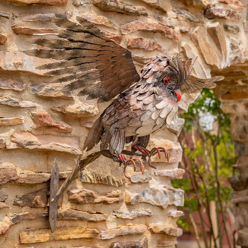 26.5" Tall Metal Great Horned Owl Taking Flight Off Branch Bramble