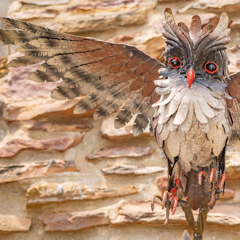 26.5" Tall Metal Great Horned Owl Taking Flight Off Branch Bramble
