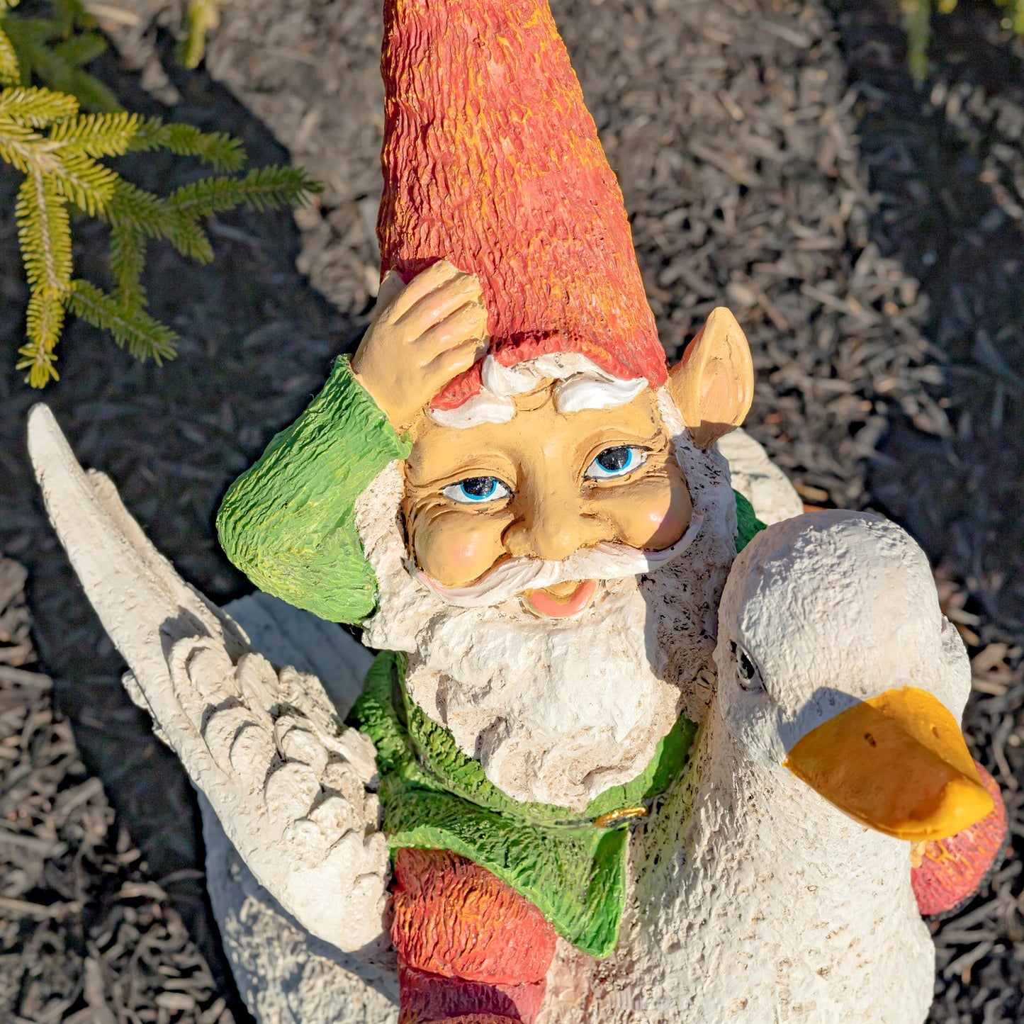 23" Tall Spring Gnome Garden Statue Riding a Duck