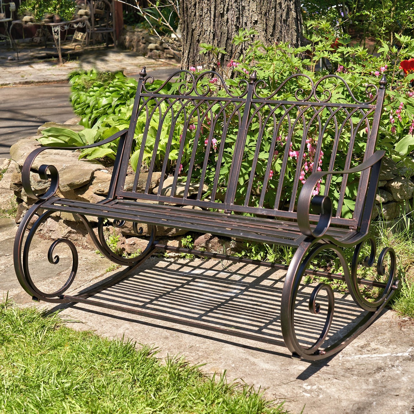 Tatiana Iron Rocking Garden Bench in Antique Bronze