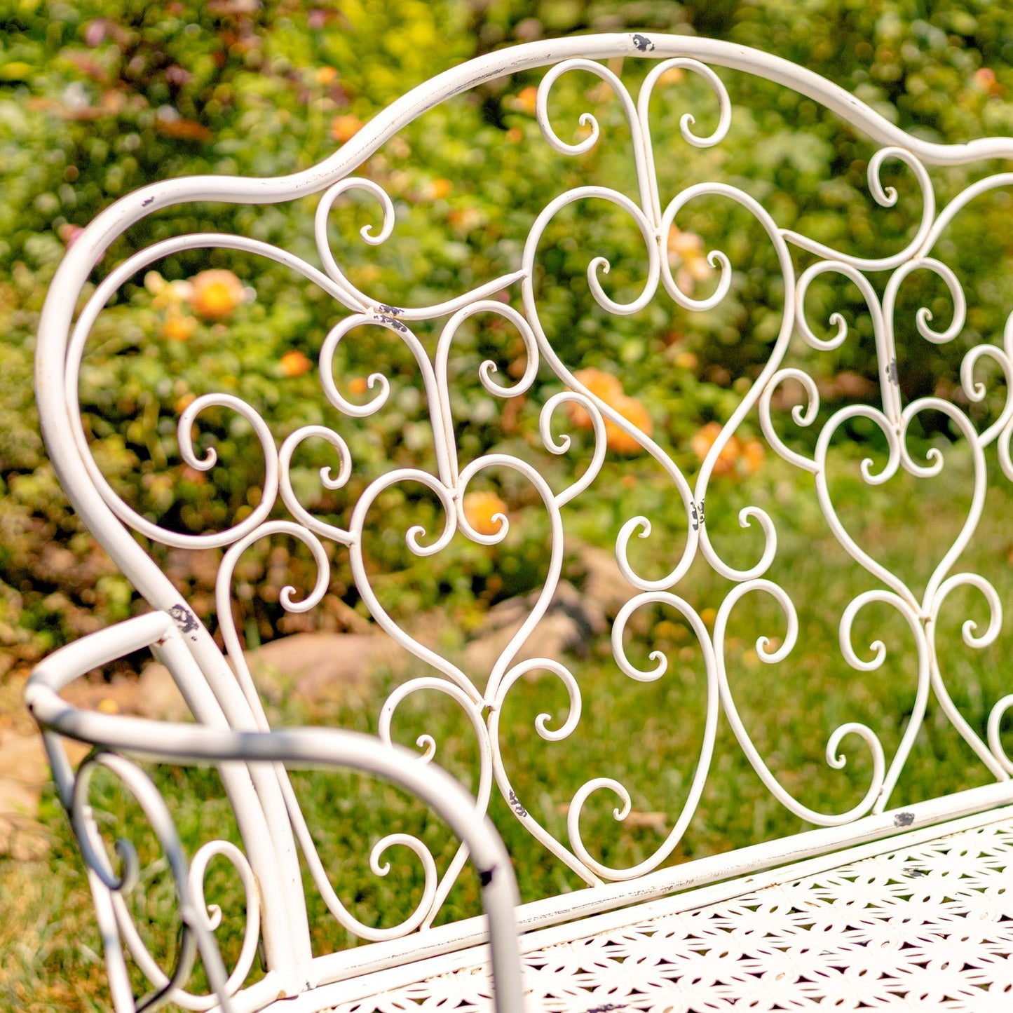 Esme Iron Garden Bench with Heart Designs in Antique White