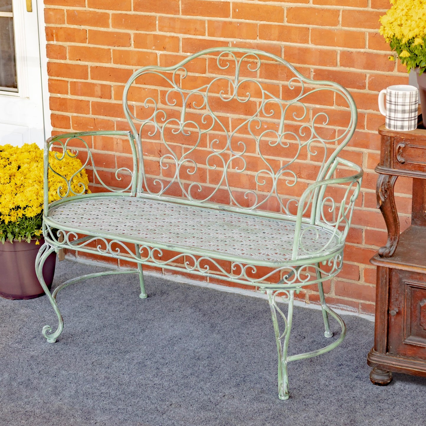 Esme Iron Garden Bench with Heart Designs in Green