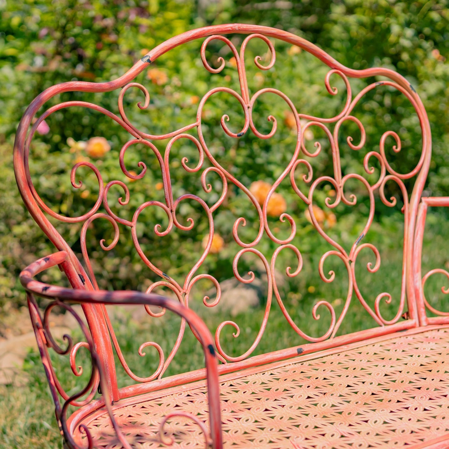Esme Iron Garden Bench with Heart Designs in Pink