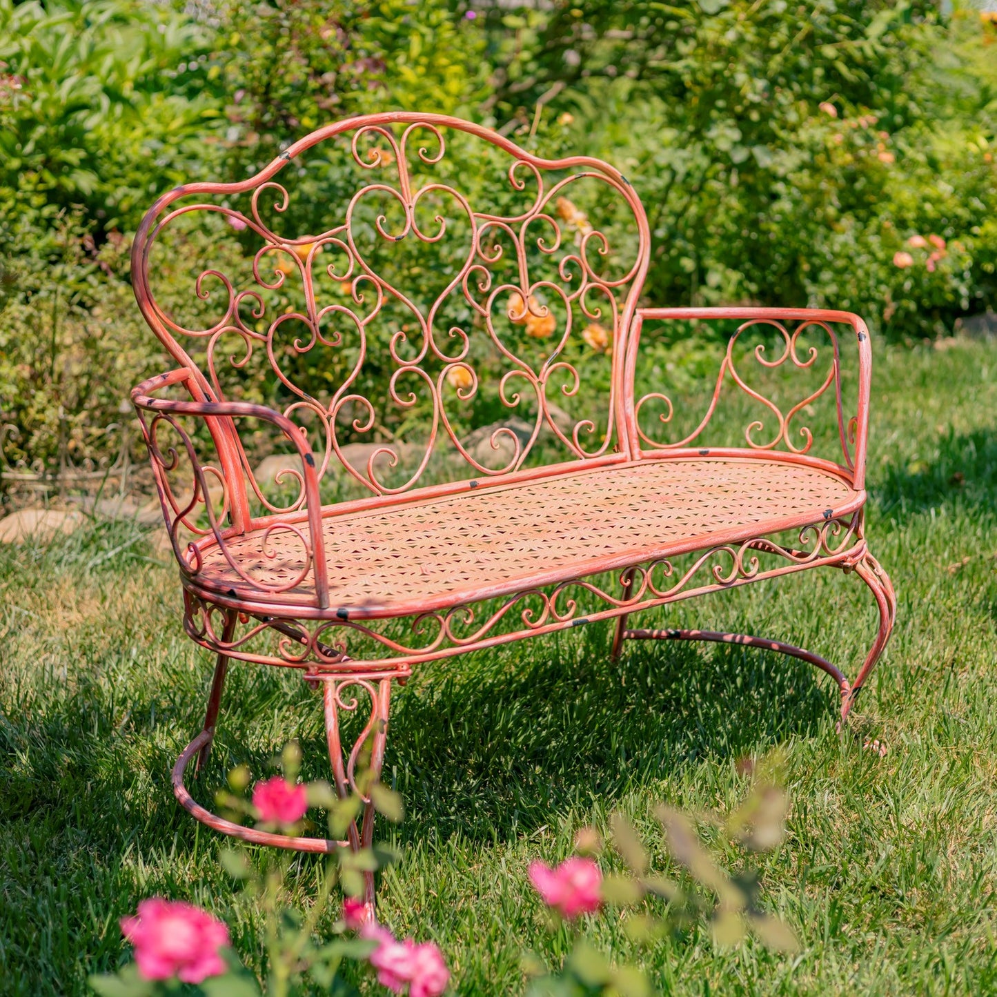 Esme Iron Garden Bench with Heart Designs in Pink