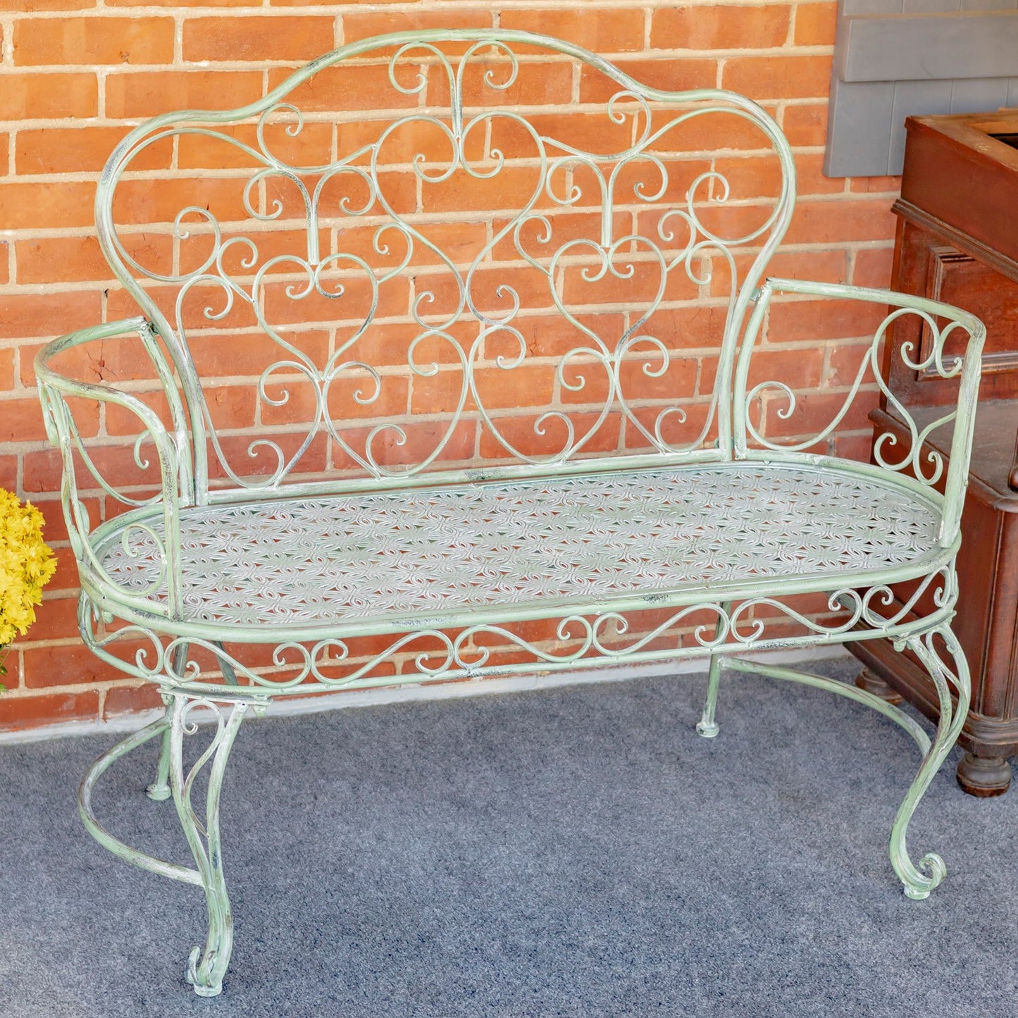 Esme Iron Garden Bench with Heart Designs in Green