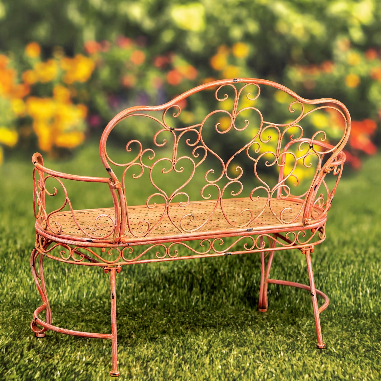 Esme Iron Garden Bench with Heart Designs in Pink