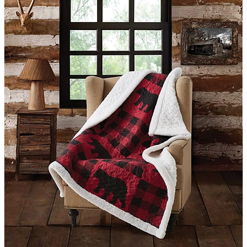 Buffalo Plaid Red Bear - Quilted Fleece Throw - 50x60"