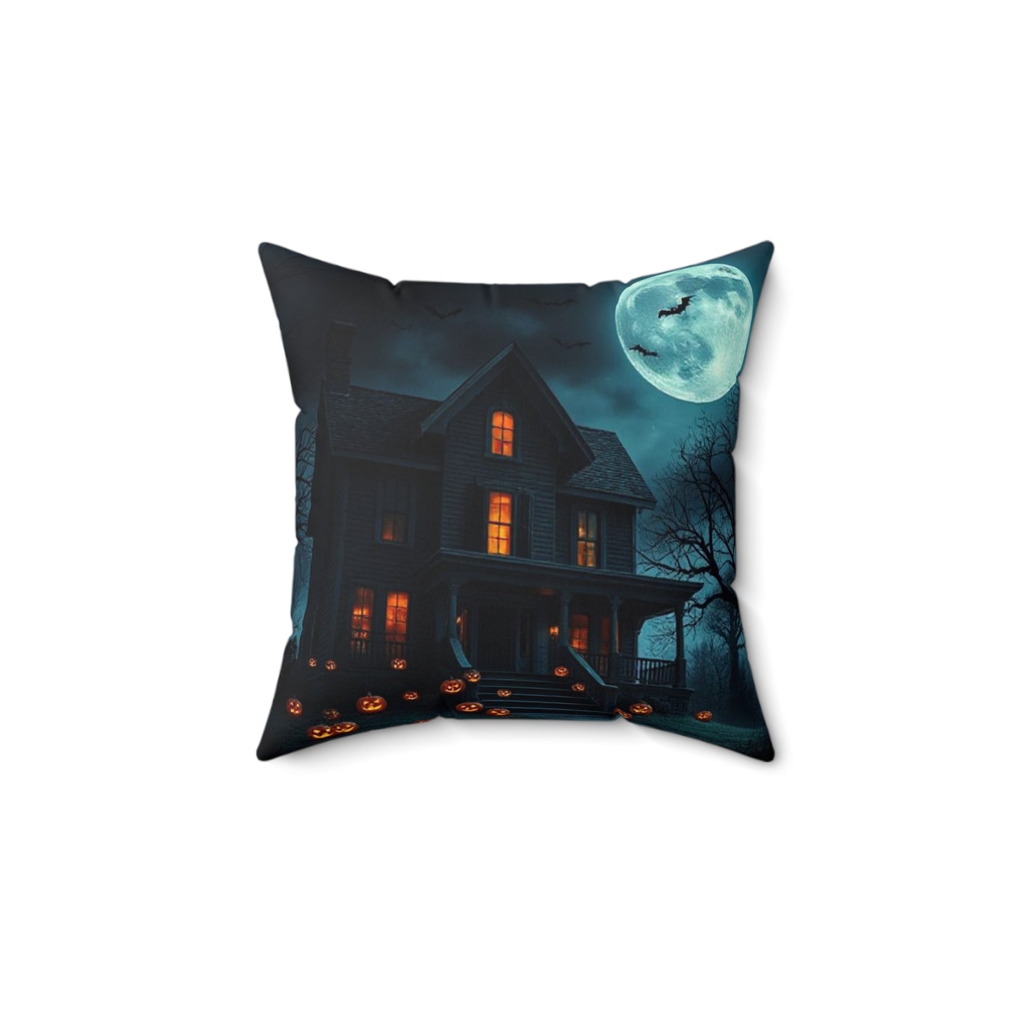Halloween Themed Spun Polyester Square Pillow | Cozy Autumn Decor, Spooky Home Accent, Fall Cushion, Haunted House Design, Halloween Gift