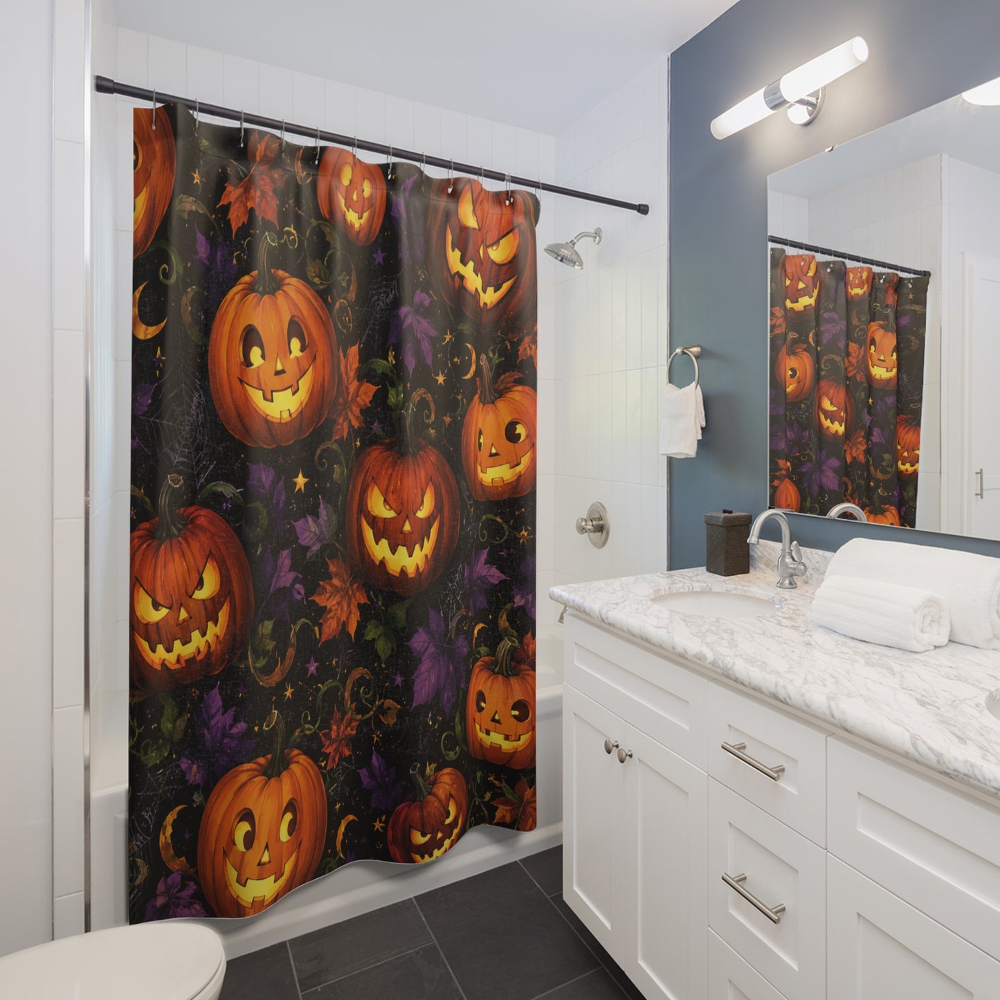 Halloween Pumpkin Shower Curtain — Jack-o'-Lantern Bathroom Decor