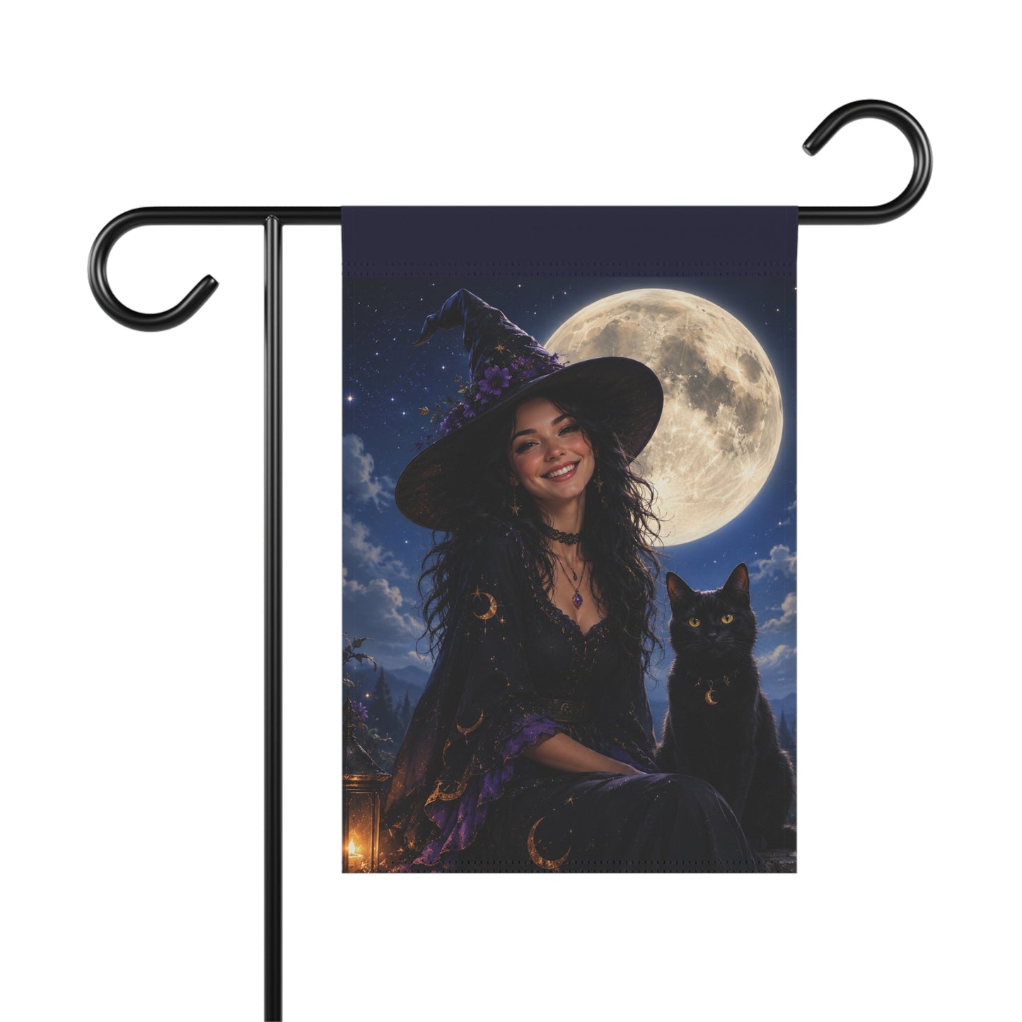 Witch & Black Cat Moon Garden Flag — Halloween Yard Banner