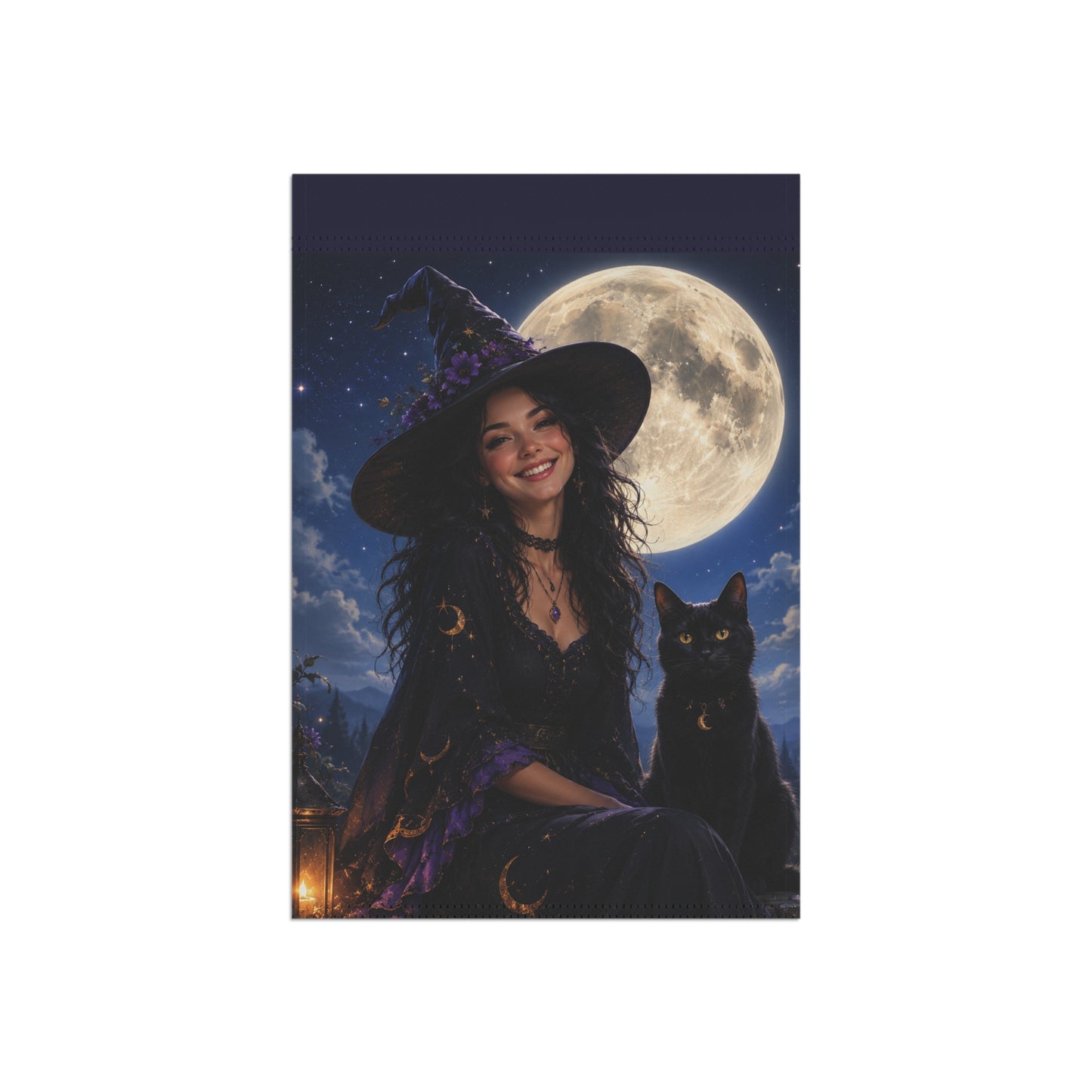 Witch & Black Cat Moon Garden Flag — Halloween Yard Banner