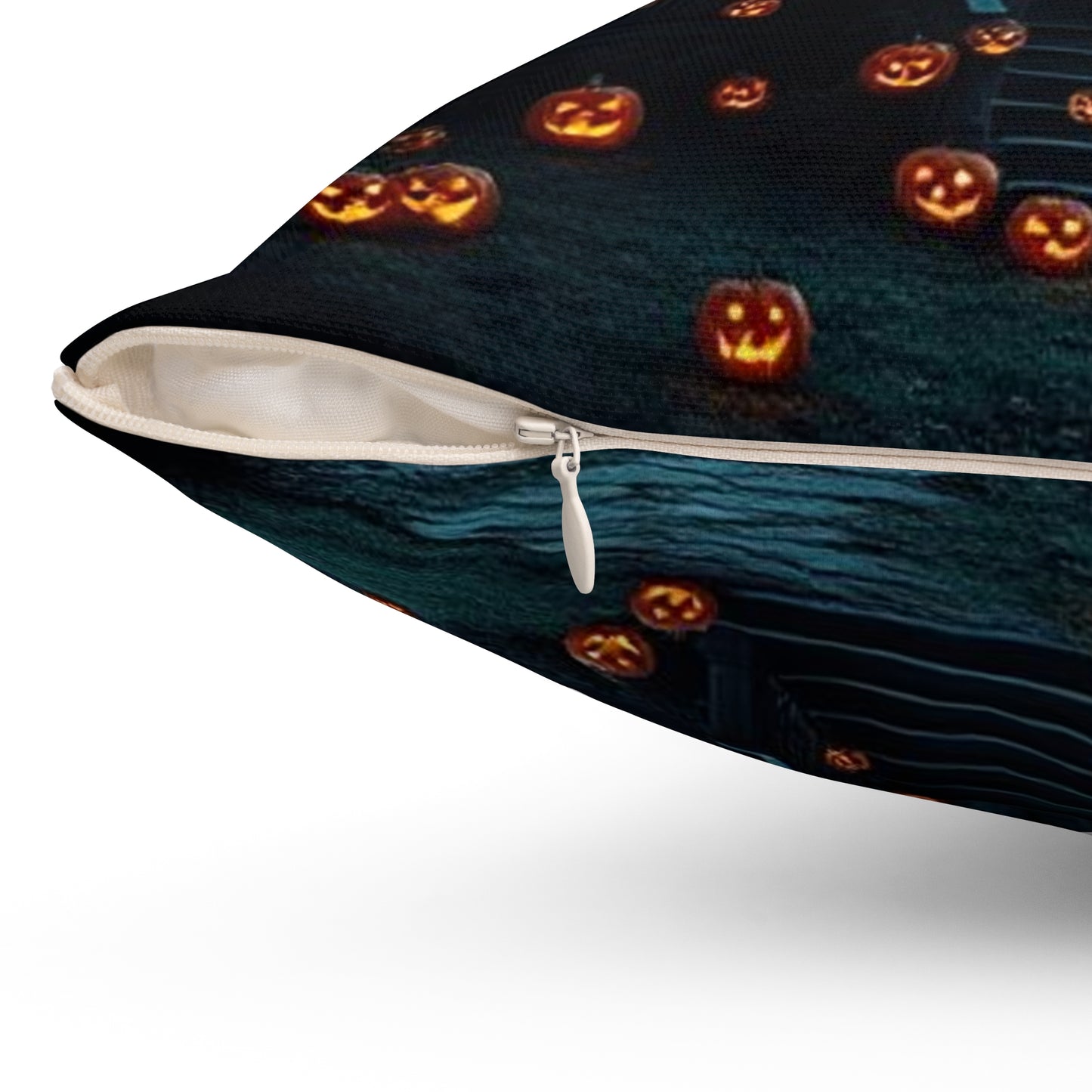 Halloween Themed Spun Polyester Square Pillow | Cozy Autumn Decor, Spooky Home Accent, Fall Cushion, Haunted House Design, Halloween Gift