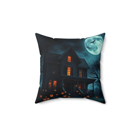 Halloween Themed Spun Polyester Square Pillow | Cozy Autumn Decor, Spooky Home Accent, Fall Cushion, Haunted House Design, Halloween Gift
