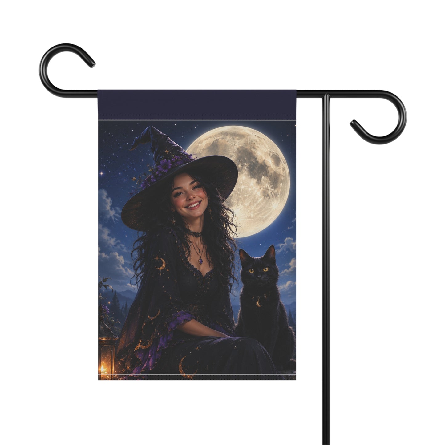 Witch & Black Cat Moon Garden Flag — Halloween Yard Banner