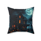 Halloween Themed Spun Polyester Square Pillow | Cozy Autumn Decor, Spooky Home Accent, Fall Cushion, Haunted House Design, Halloween Gift