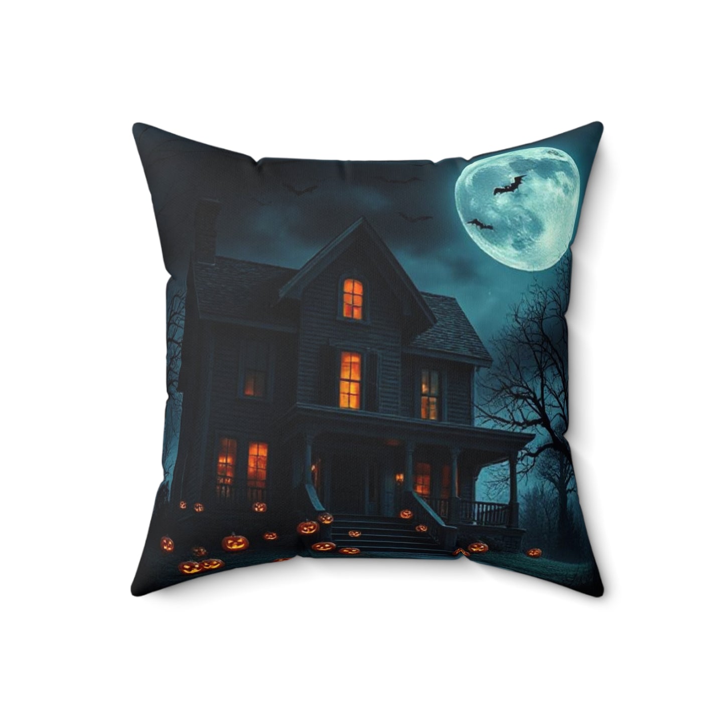 Halloween Themed Spun Polyester Square Pillow | Cozy Autumn Decor, Spooky Home Accent, Fall Cushion, Haunted House Design, Halloween Gift