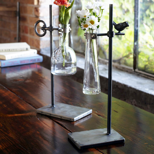 Stem Vase w/Stand (Set of 2) 14"-14.5"H Metal/Glass