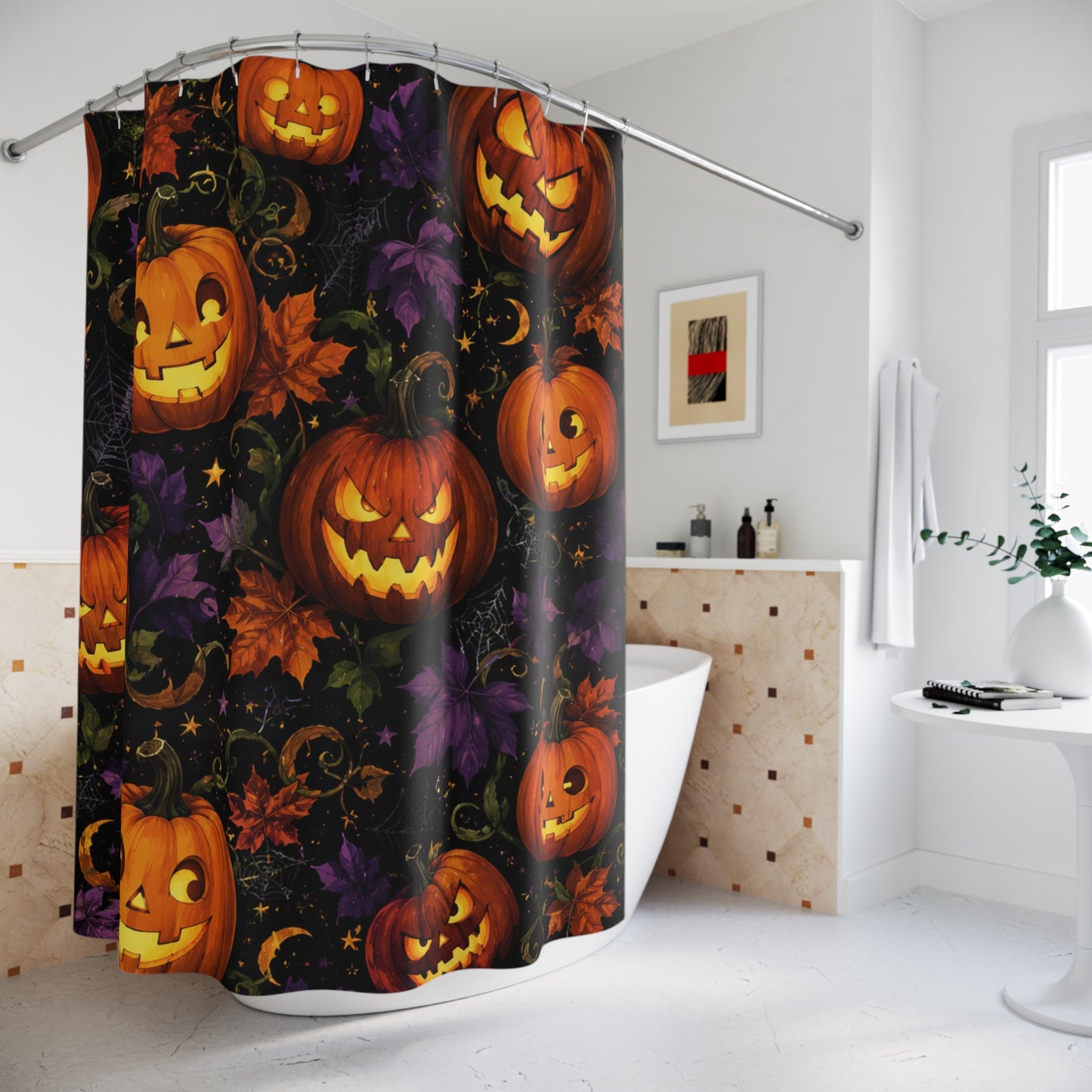 Halloween Pumpkin Shower Curtain — Jack-o'-Lantern Bathroom Decor