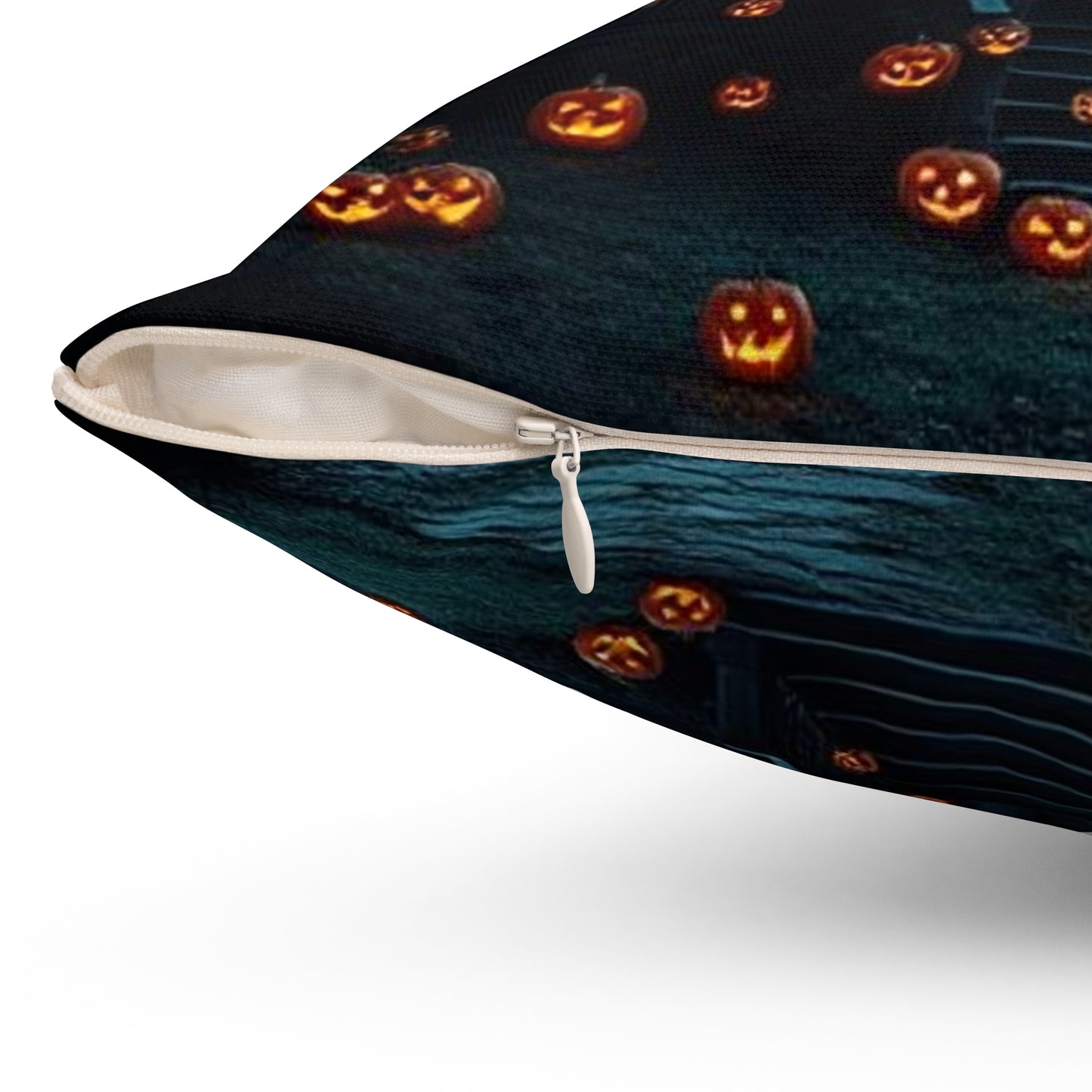 Halloween Themed Spun Polyester Square Pillow | Cozy Autumn Decor, Spooky Home Accent, Fall Cushion, Haunted House Design, Halloween Gift