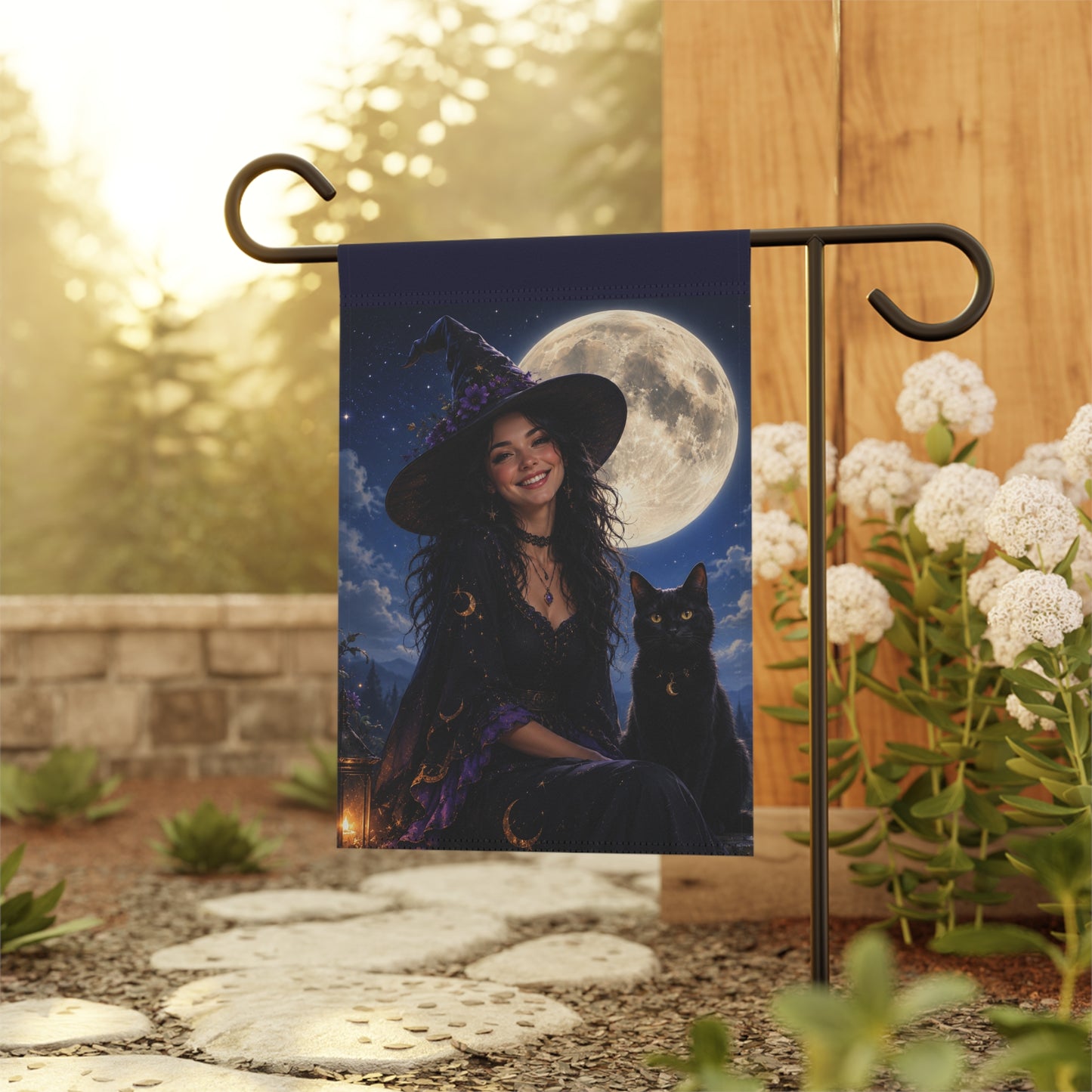 Witch & Black Cat Moon Garden Flag — Halloween Yard Banner