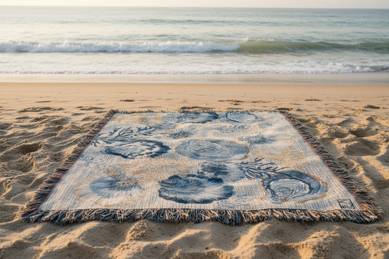 Blue Oysters And Coral Tapestry Throw 50x60