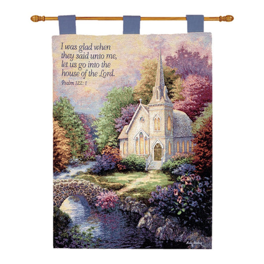 Church In The Country w/ Verse Wall Hanging 26x36 inch Tapestry with Wooden Rod