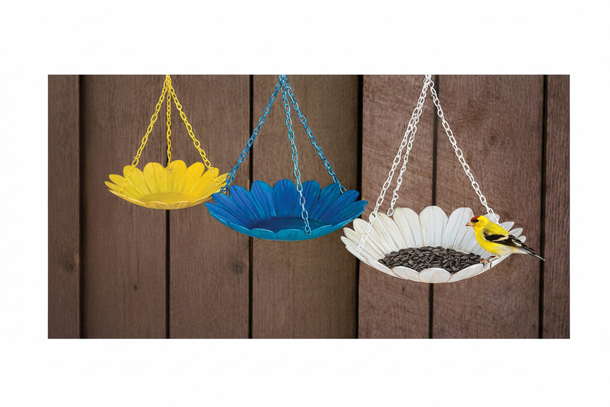 Metal Daisy Hanging Dish - Bird Feeder - 3 pc set