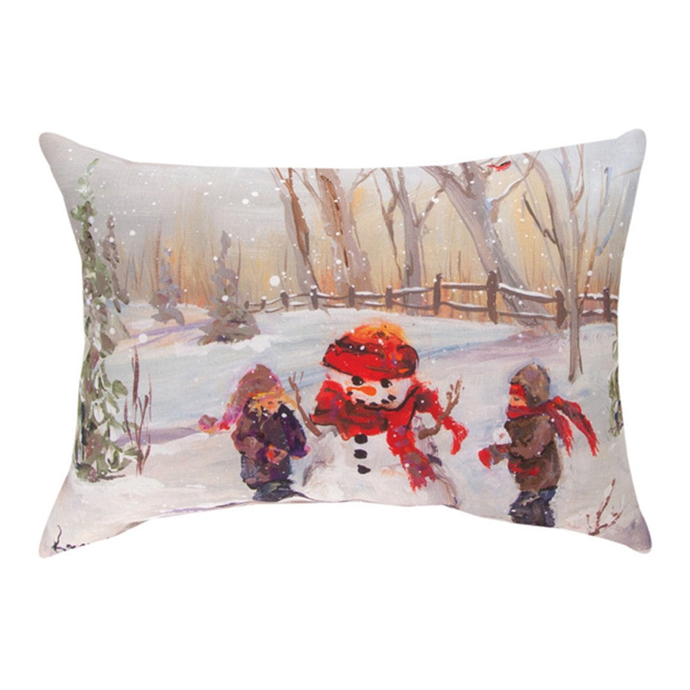 Snowman With Two Children Rectangle Climaweave Pillow 18"x13" Indoor/Outdoor