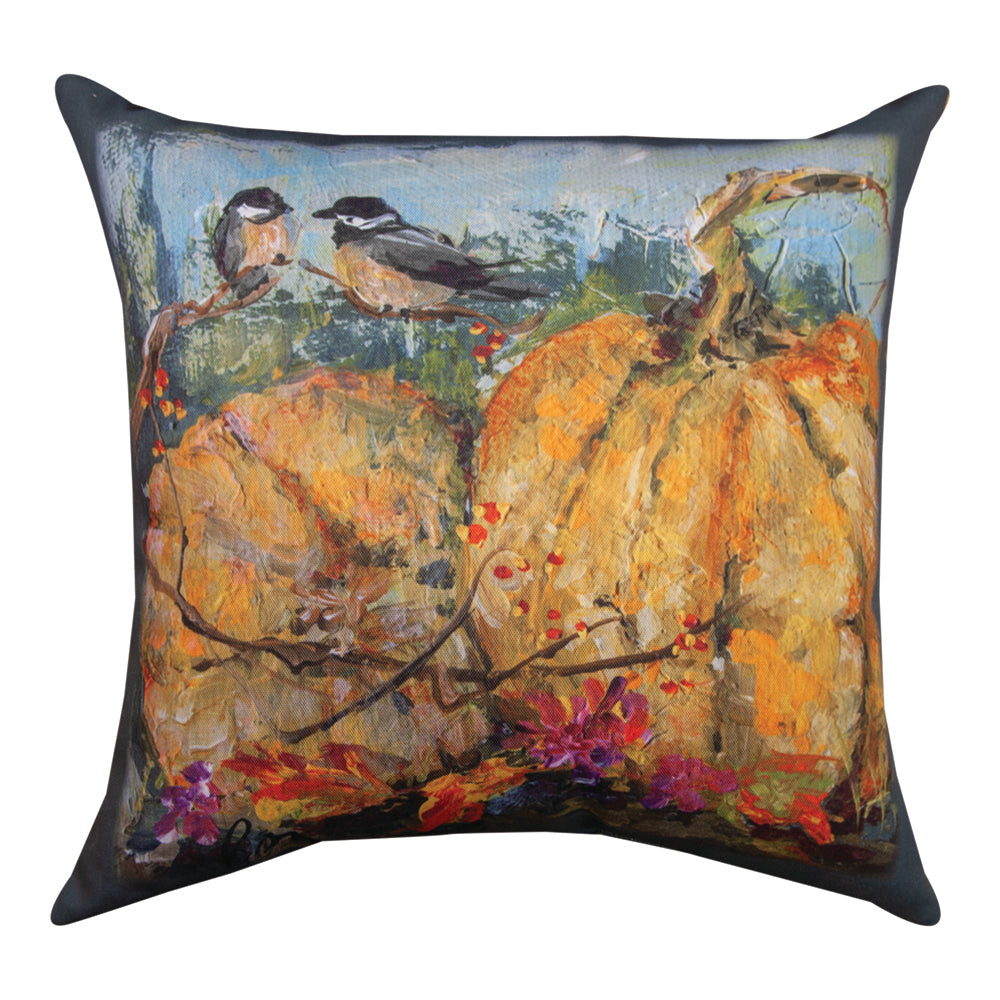 Chickadee On Pumpkin Climaweave Pillow 18" Indoor/Outdoor
