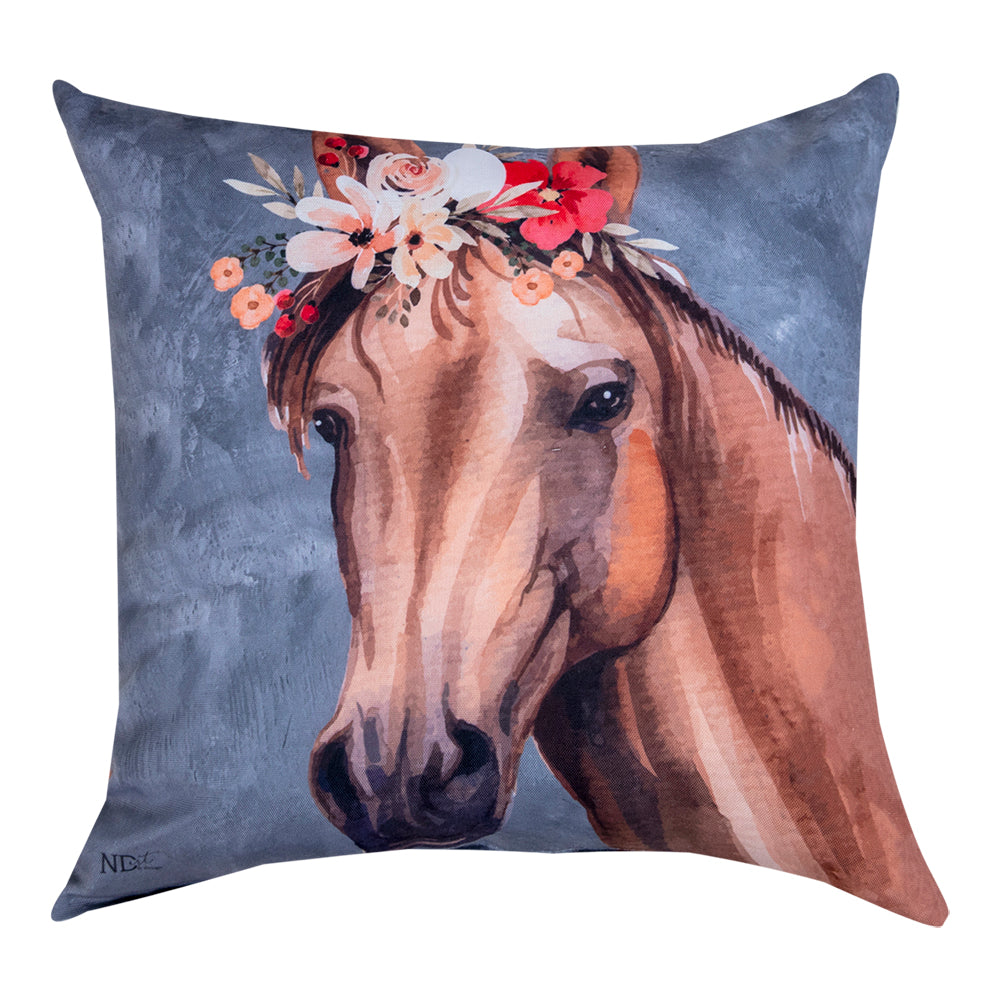 Barnyard Floral Horse Climaweave Pillow 18" Indoor/Outdoor