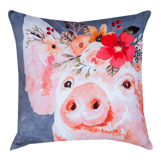 Barnyard Floral Pig Climaweave Pillow 18" Indoor/Outdoor