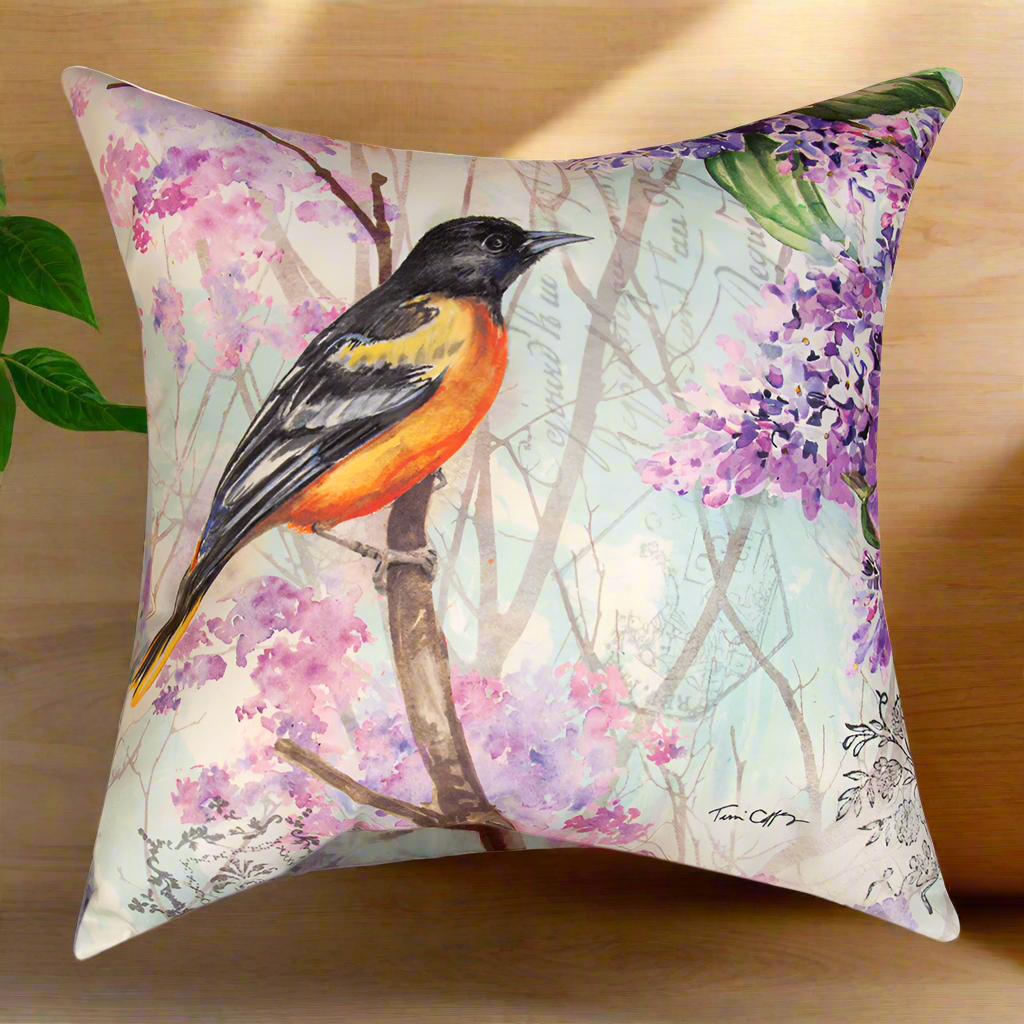 Bird & Foliage Yellow Climaweave Pillow 18" Indoor/Outdoor