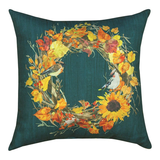 Fall Wreaths Waxwings Climaweave 18 inch Pillow - Indoor/Outdoor