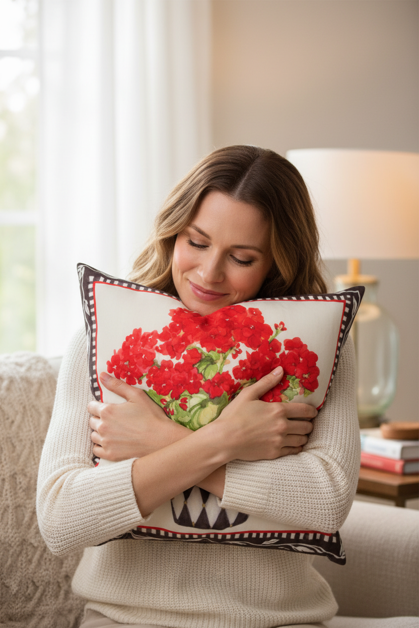Woman holding a decorative pillow with red floral design in a cozy living room.