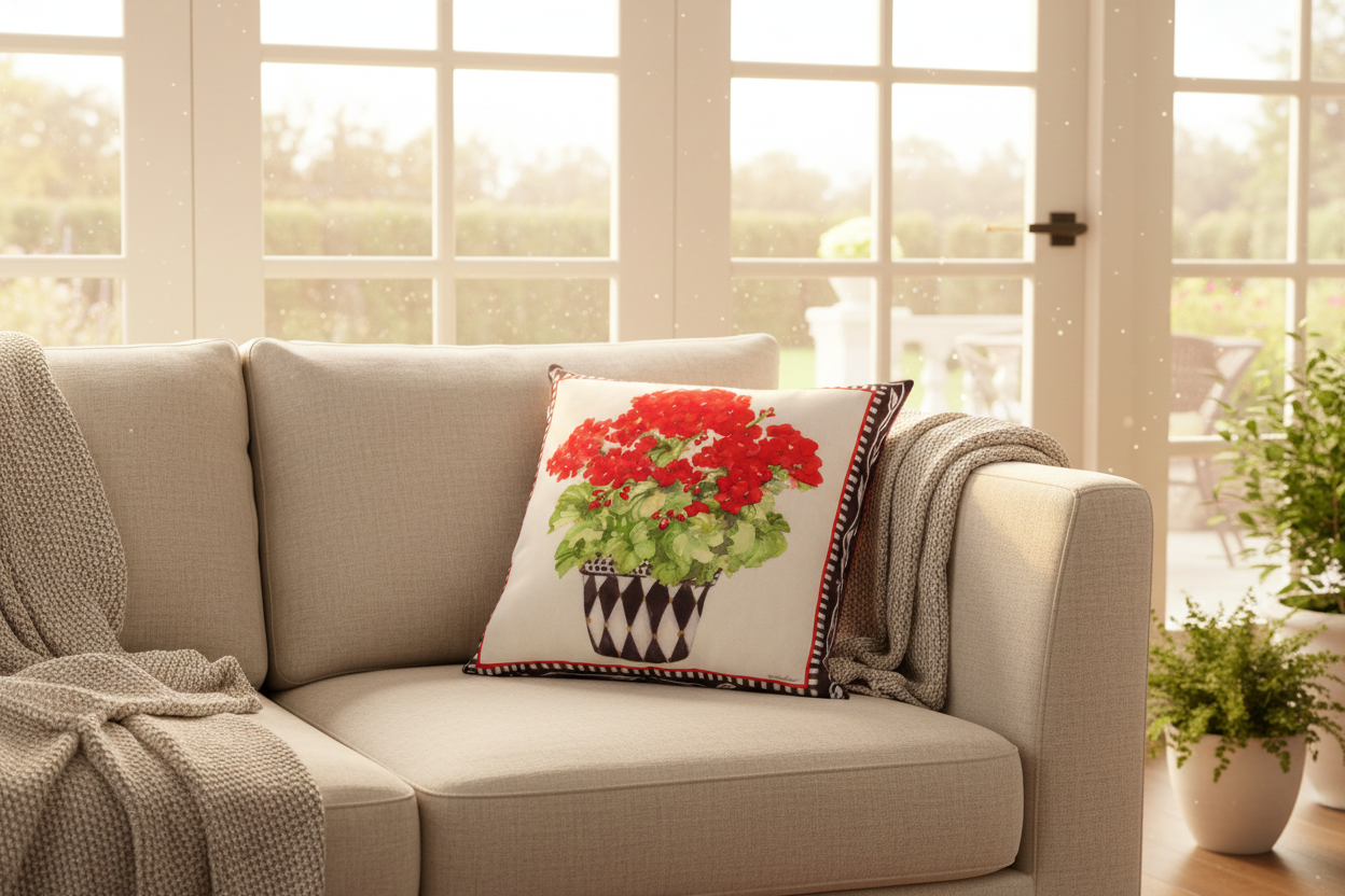 Beige sofa with a decorative pillow featuring red flowers, surrounded by large windows with a view of greenery.